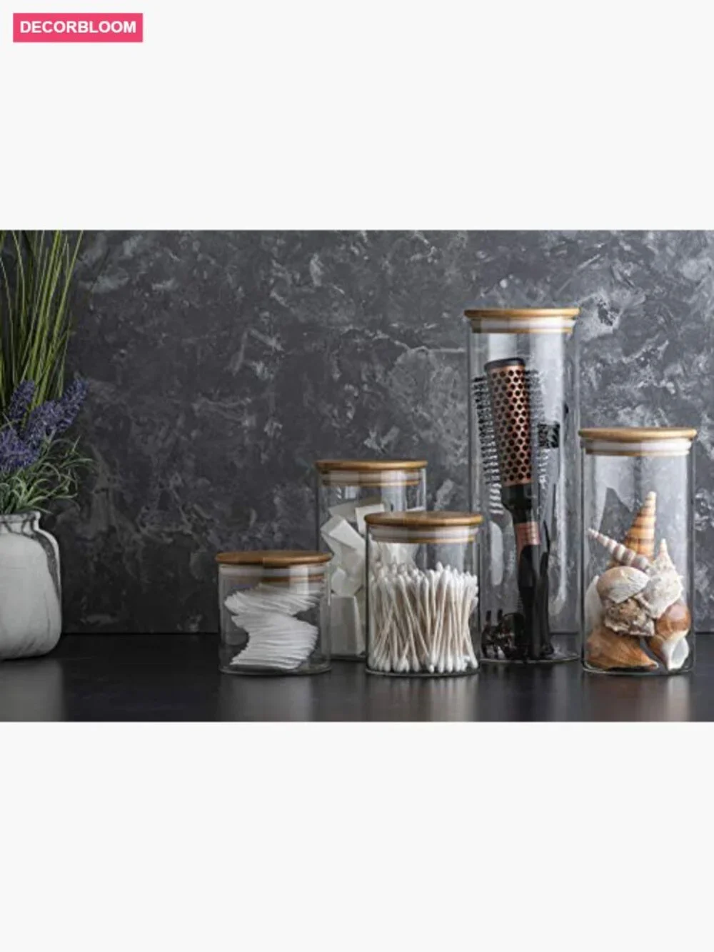 Set of 5 Glass Kitchen Canisters with Airtight Bamboo Lids